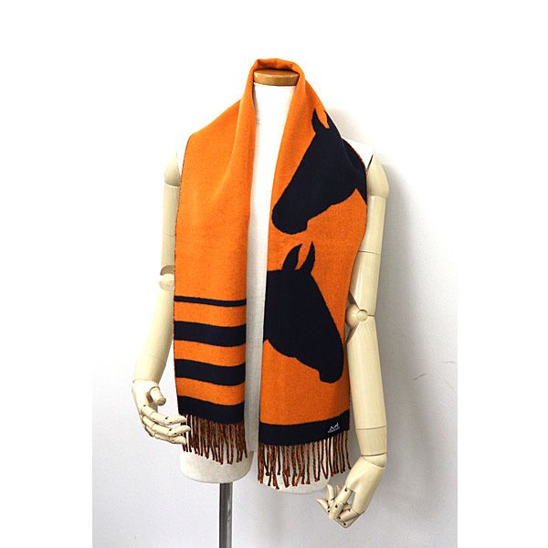 HERMES エルメス マフラー ラブストーリー オレンジ ネイビー カシミヤ