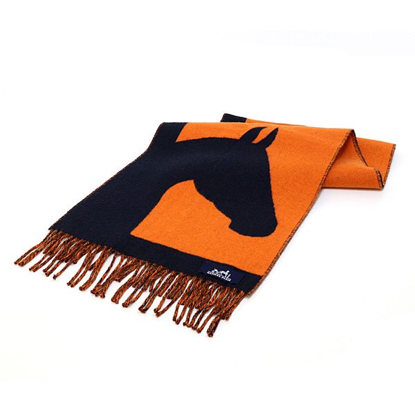 HERMES エルメス マフラー ラブストーリー オレンジ ネイビー カシミヤ