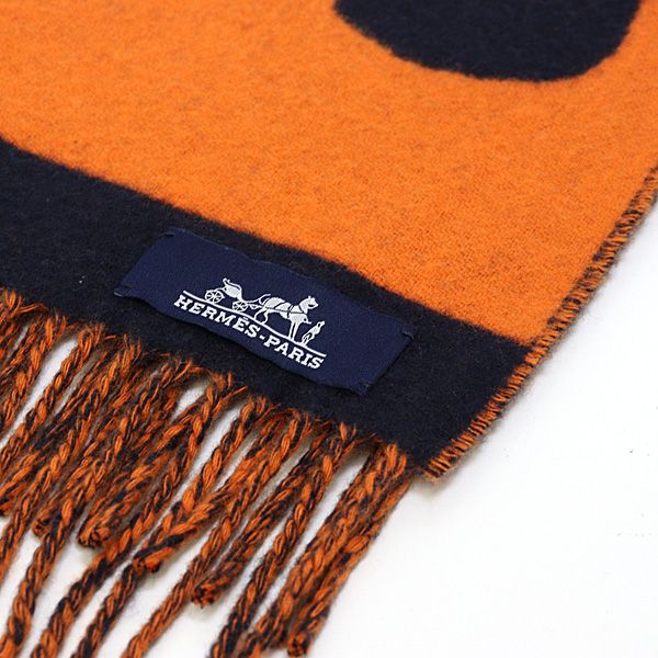 HERMES エルメス マフラー ラブストーリー オレンジ ネイビー カシミヤ