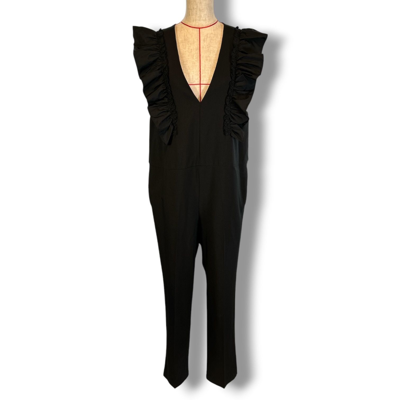 Herencia ヘレンチア Shoulder ruffle V-neck tapered salopette ショルダーラッフルVネックテーパードサロペット フリル ブラック 黒 サイズF レディース 通年 ゴーゴー古着マルイ北千住店 34 No.2252