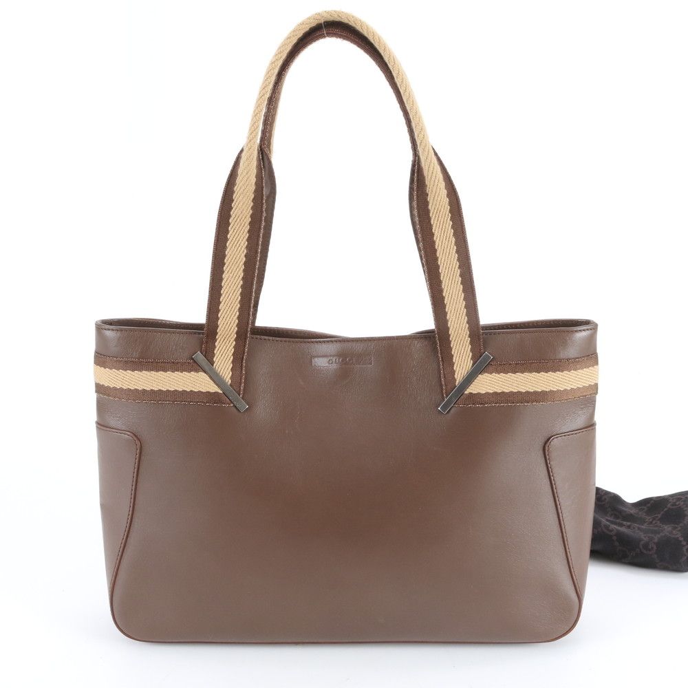 美品 グッチ 002 1135 レザー×キャンバス トート バッグ 肩掛け ショルダー ハンド 本革 ブラウン 茶色 レディース RBM DZ24-5【中古】