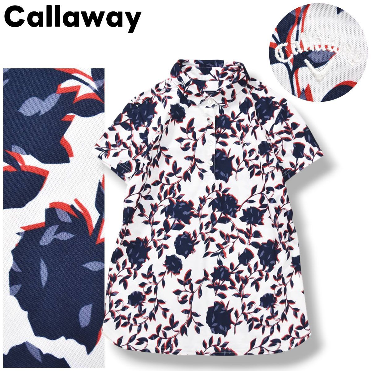 キャロウェイ Callaway 半袖 鹿の子 ポロシャツ ラウンドヘム サイドシーム ロゴ 刺繍 LL 総柄 花柄 ネイビー x レッド ゴルフ スポーツ カジュアル レディース ♪