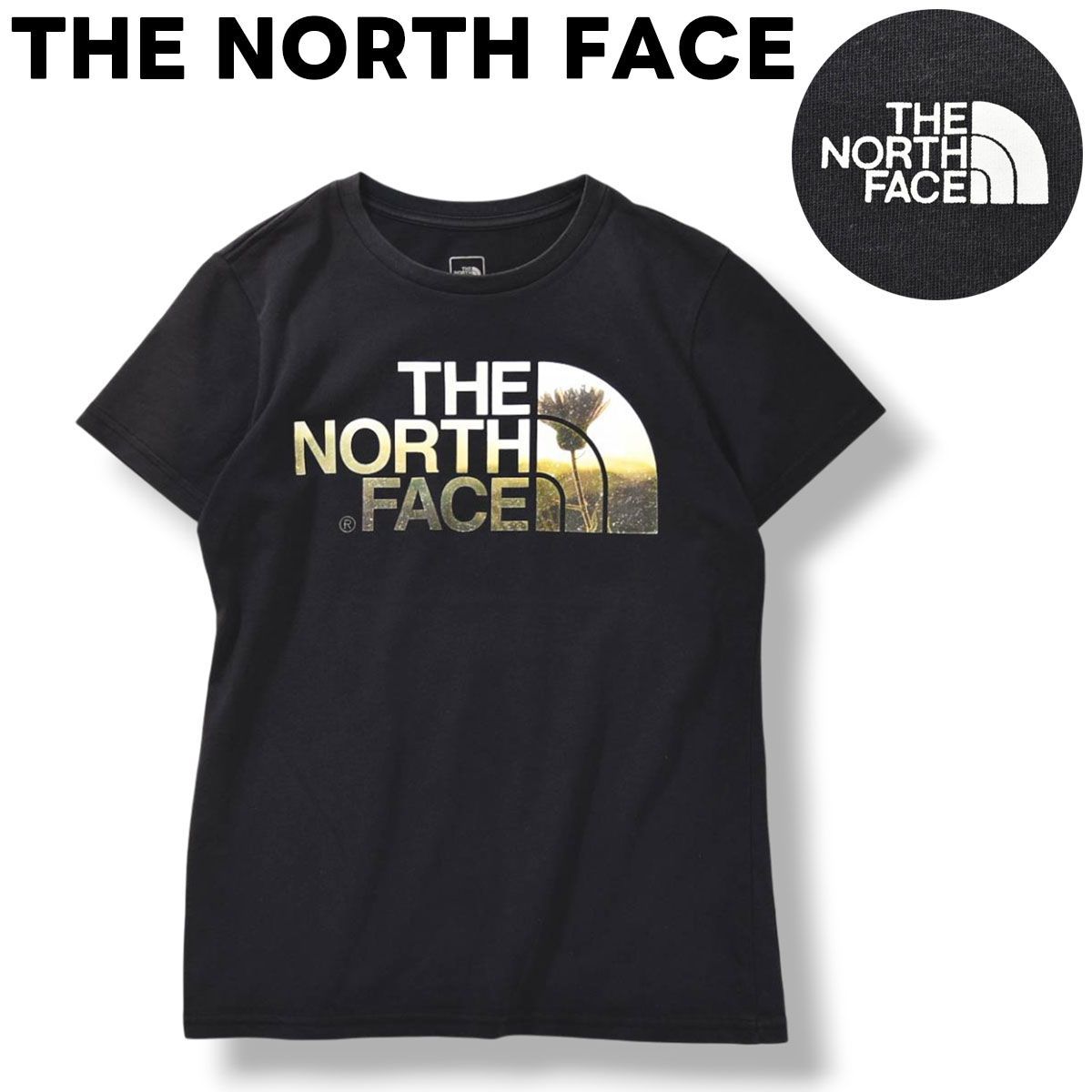 【ゴールドウィン製】 ノースフェイス THE NORTH FACE HALF DOME FLOWER フラワー ロゴ プリント Tシャツ クルーネック カットソー M ブラック レディース ♪