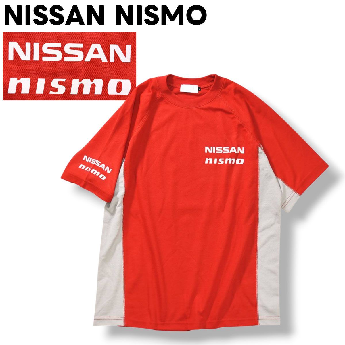 【定番】 ニッサン 日産 NISSAN ニスモ NISMO ロゴ プリント メッシュ Tシャツ L レッド x グレー モーター スポーツ ウェア スポーツカー 自動車 企業物 作業着 メンズ