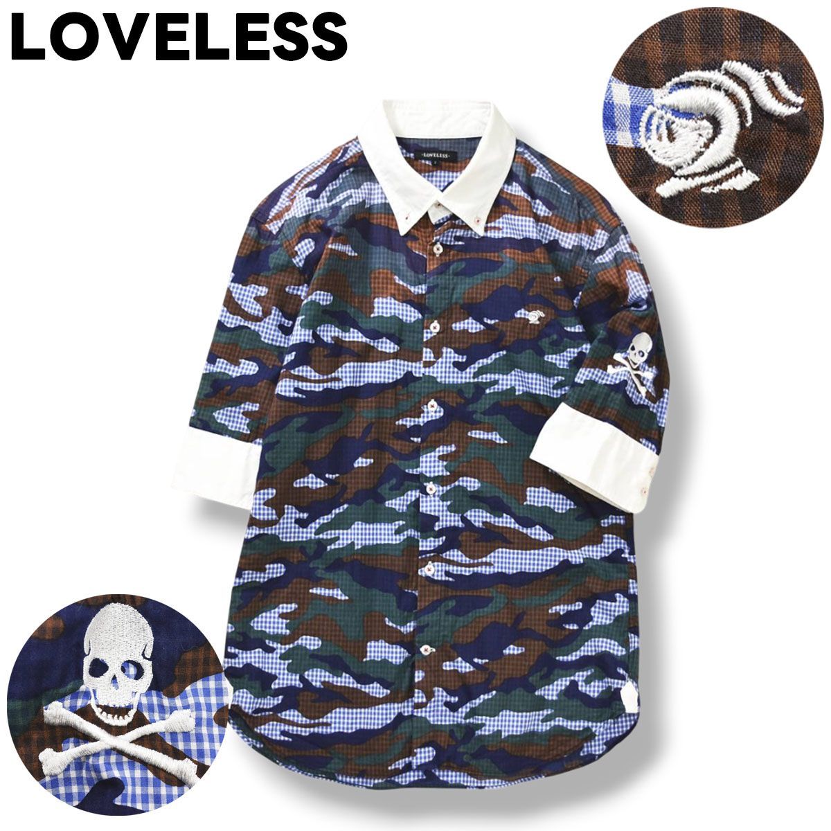 【美柄】 ラブレス LOVELESS 七分袖 ボタンダウン シャツ ラウンドヘム ロゴ 刺繍 2 迷彩柄 x ギンガムチェック柄 総柄 マルチカラー シティールック カジュアル ウェア メンズ
