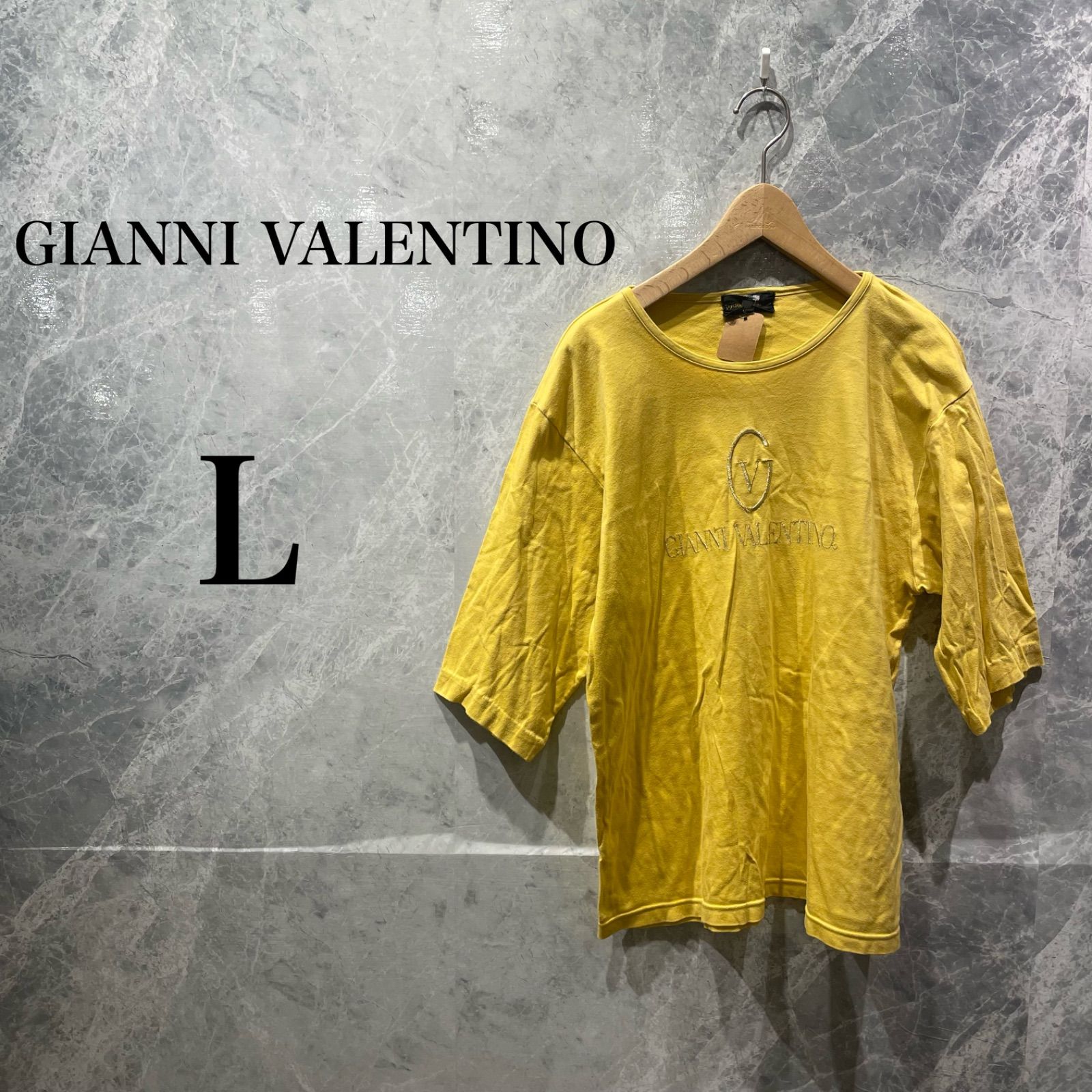 GIANNI VALENTINO メンズ L イエロー ワンポイント ポロシャツ