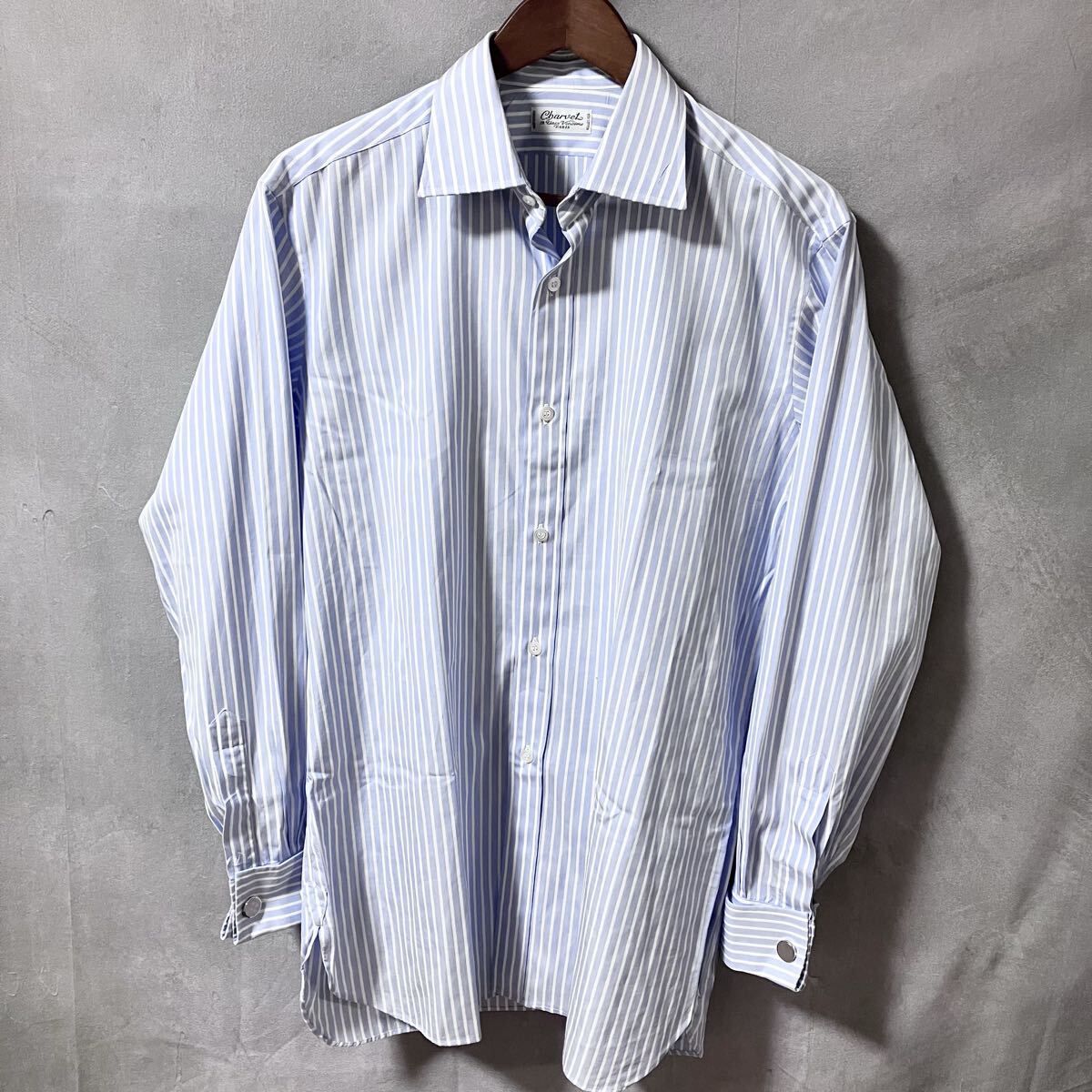 Charvet シャルベ ユナイテッドアローズ 別注 ストライプ セミワイドカラー ダブルカフス シャツ size.40 (M-L) ブルー Made in France
