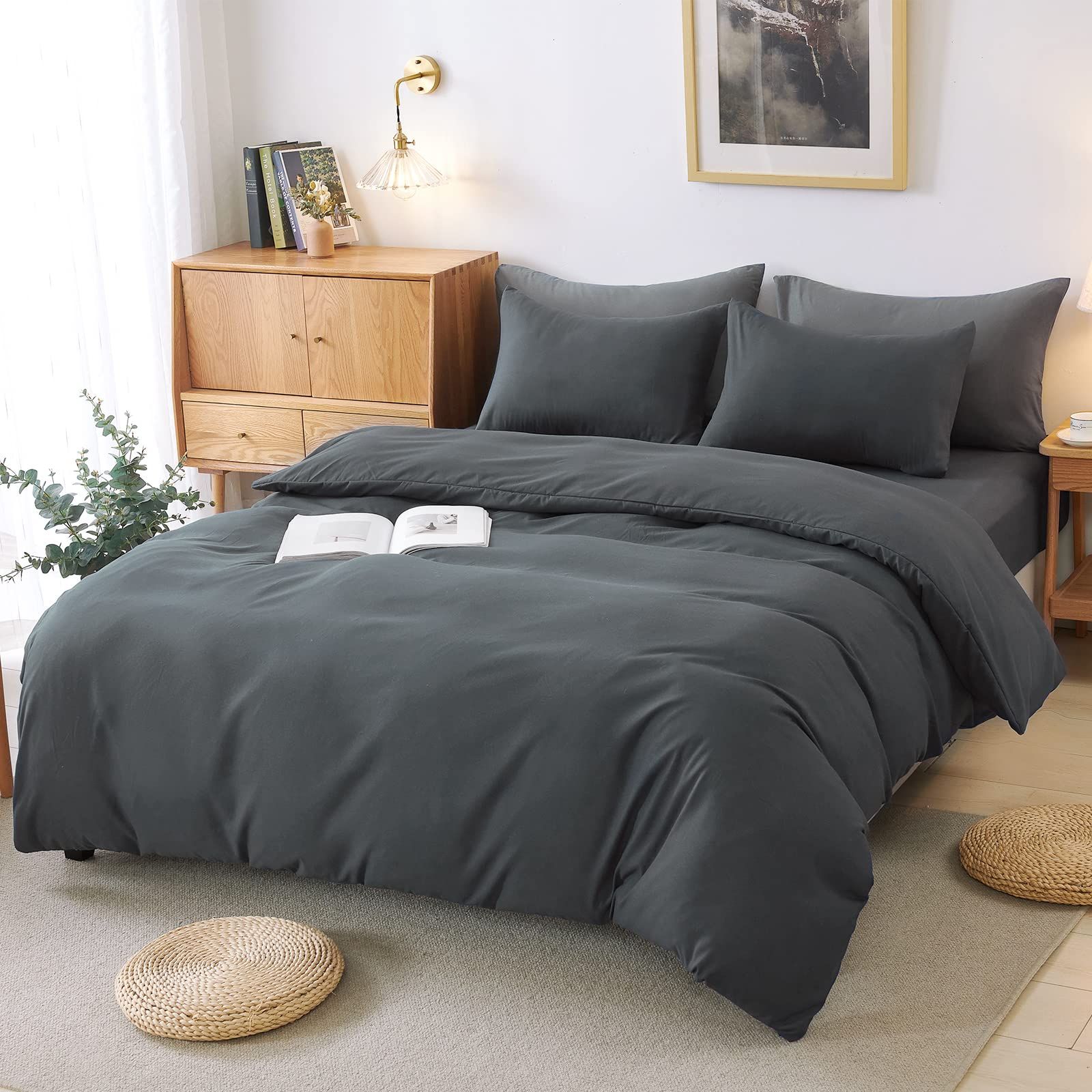 ☆新品☆HOdo Home 布団カバー ダブル 4点セット 掛け布団カバー ベッドシーツ ベッドカバー ボックスシーツ 枕カバー 寝具カバーセット 洋式・和式兼用 洗い替え 速乾タイプ ピーチスキン加工 (ダークグレー ダブル) c032ca1a