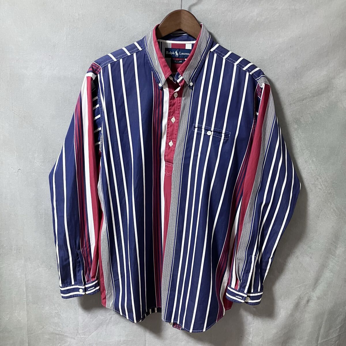 RALPH LAUREN ラルフローレン SLATER 90's 当時 archive コットン ストライプ プルオーバー ボタンダウン シャツ size.L ネイビー×レッド