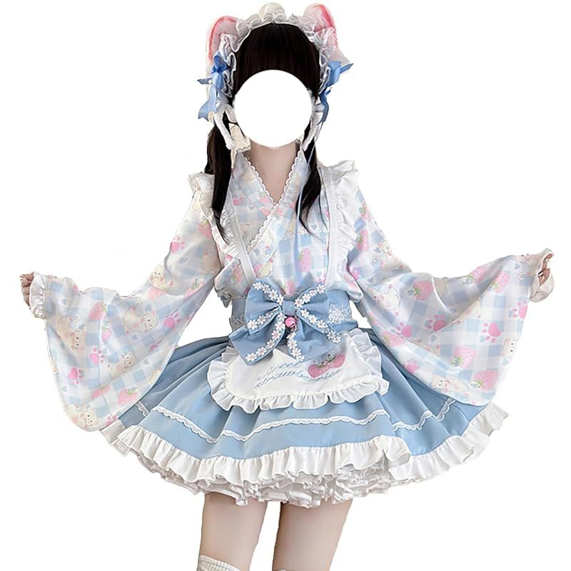 【新品】 [MODKOKU] メード服 3点セット セットアップ レディース 上下セット 猫柄 ロリータ 和服 浴衣 ゆかた 振袖 羽織 和風 薄手 Lolita ガーリー系 ゆめかわいい 森ガール ロリィタ Lolita チェック柄 長袖 少女 子供 春 夏