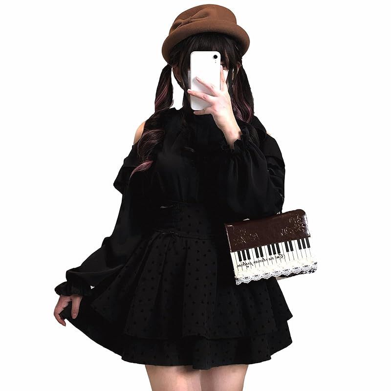 【新品】 [Jundakara] 清楚系 オープンショルダー ブラウス レディース 長袖 立ち襟 フレア フリル リボン かわいい シャツ トップス 量産型 服 フレンチガーリー系 肩出し 地雷系 ロリータ系 学生 きれいめ おしゃれ 春 夏 秋 冬 黒 ブラ