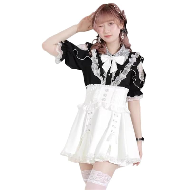 【新品】 地雷系 シャツ レディース 半袖 丸首 レース フリル ブラウス かわいい 森ガール トップス 蝶結び 取り外し可能 ロリータ系 おしゃれ 原宿系 着痩せ カジュアル 通勤 デート 春夏秋 服 (JP, アルファベット, Free Size, ブラッ