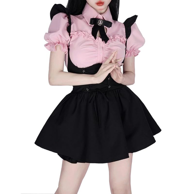 【新品】 [TOKYO GOODS MARKET] 【ぴゅありぼん】 大きいサイズ ハート型抜き フライングスリーブシャツ サスペンダー スカート ドレス (ピンク, XXL)