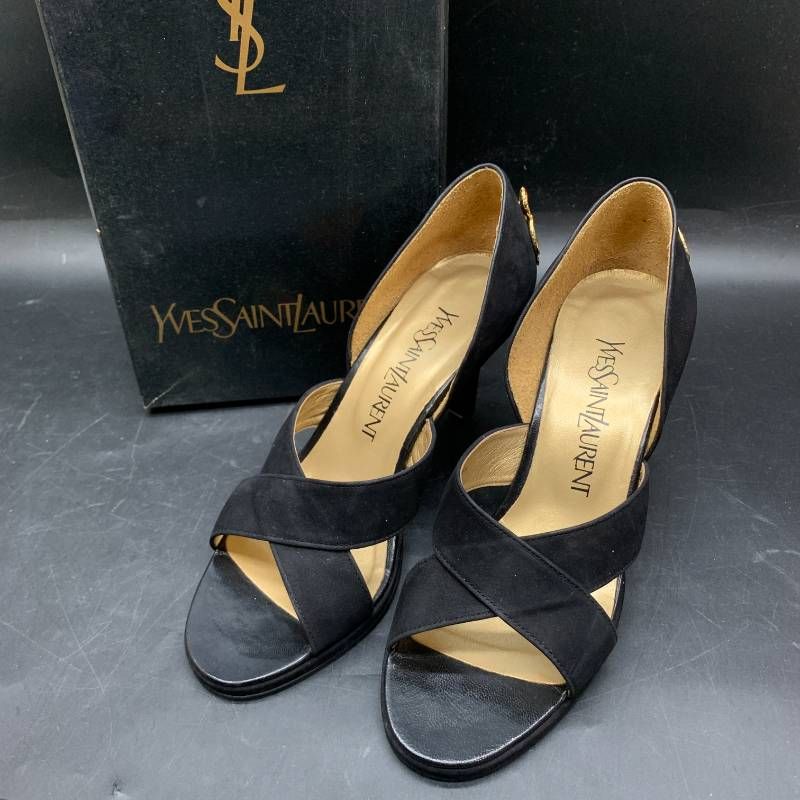 S445　Yves Saint Laurent クロスストラップ ヒールサンダル 黒×金 Yves Saint Laurent / サイズ35 ½　22.5cm〜23.0cm