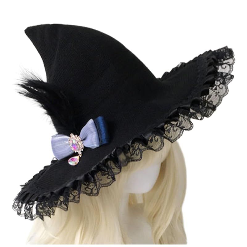 【新品】 morytrade ハロウィンハット 魔女帽子 コスプレ ロリータ ゴスロリ リボン ウィッチハット とんがり帽子 (黒羽リボン プレミアム) 1