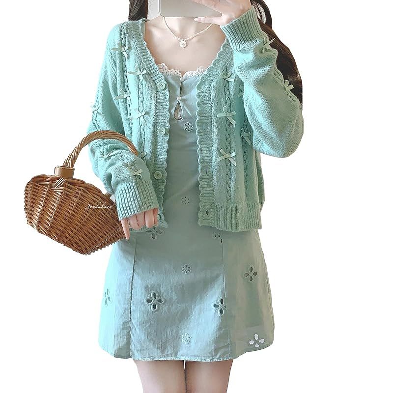 【新品】 [Jundakara] かわいい ロリータ系 カーディガン レディース 長袖 リボン ケーブル編み 透かし ニット トップス Vネック パフスリーブ 地雷系 服 学生 韓国系 薄手 フレンチ ガーリー系 フェミニン 春 夏 秋 冬 おしゃれ 緑 グリ