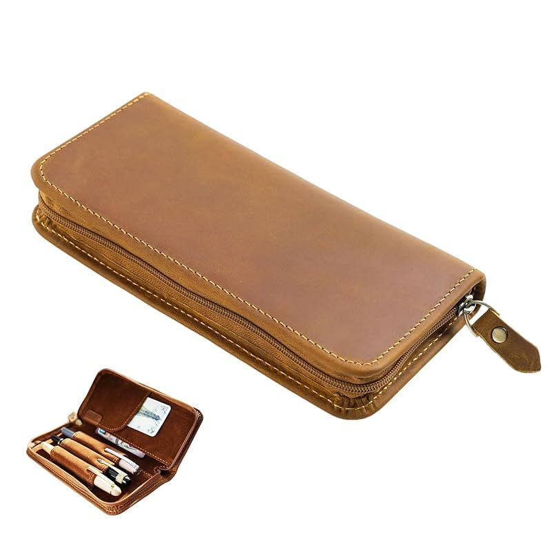 【新品】 EsiFare レザーペンケース ペンケース革 四角形ジッパーペンバッグ 3つに仕切りのあるペンバッグ 携帯便利 耐磨耗 丈夫耐用 精工縫製 型崩れなし 開閉簡単 学生適用全層対応男女兼
