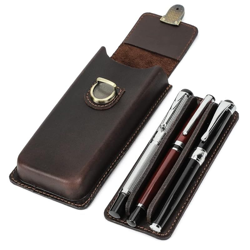 【新品】 HIRAM 分離式設計 ペンケース 万年筆 ペン ケース シンプル スリム 3本 収納 本革レザー （Coffee）