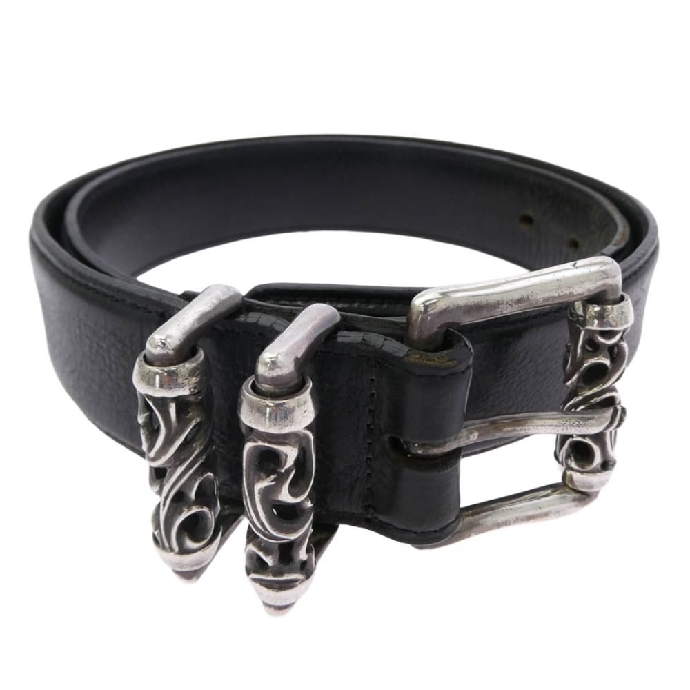 CHROME HEARTS クロムハーツ（原本無） 3PC ROLLER ローラーバックル レザー ベルト 34インチ ブラック系 シルバー系 34【中古】