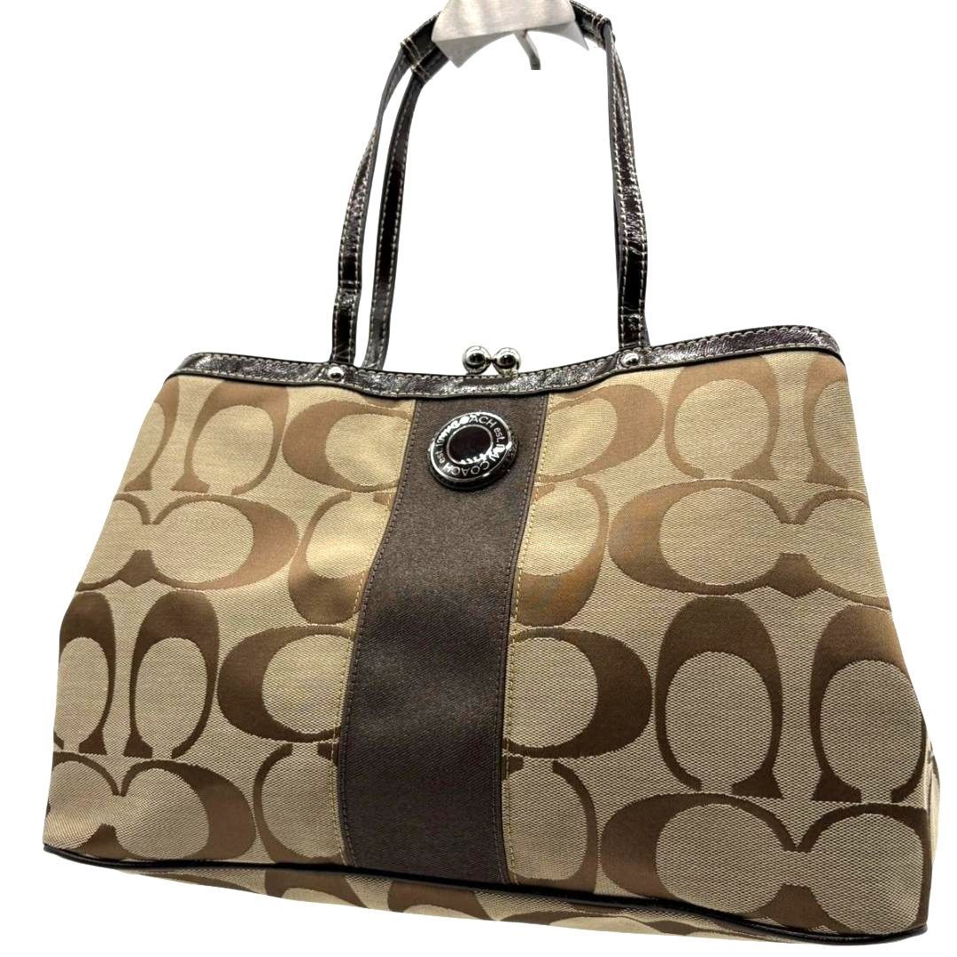 COACH コーチ シグネチャー トートバッグ がま口 ベージュ キャンバス 