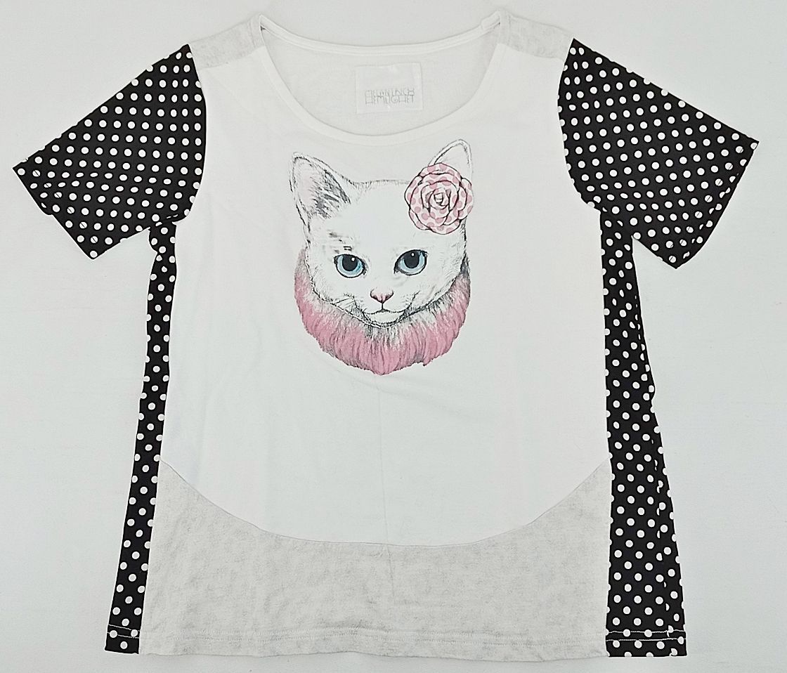 MELANTRICK HEMLIGHET×ヒグチユウコ メラントリックヘムライト カットソー トップス 猫 ねこ ホワイト×ブラック×ライトグレー 中古 [M-7161]