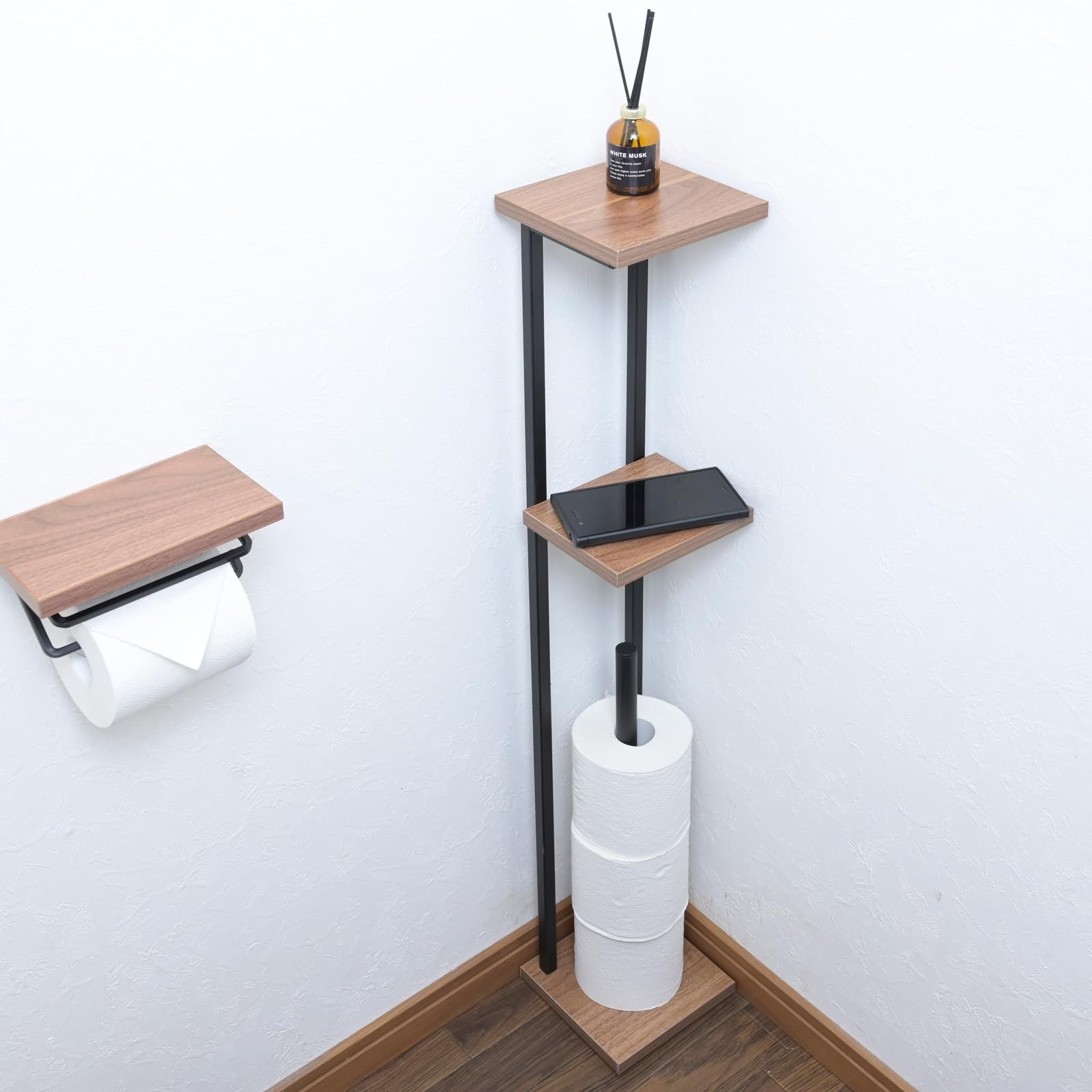 山善(YAMAZEN) ラック トイレットペーパー スタンド トイレ 収納 スリム 棚付き (スマホ置き/インテリア) トイレットペーパーホルダー 隙間収納 ストッカー 幅15×奥行15×高さ90.5cm 組立品 ダークブラウン/マットブラック RTPS-ｍａ