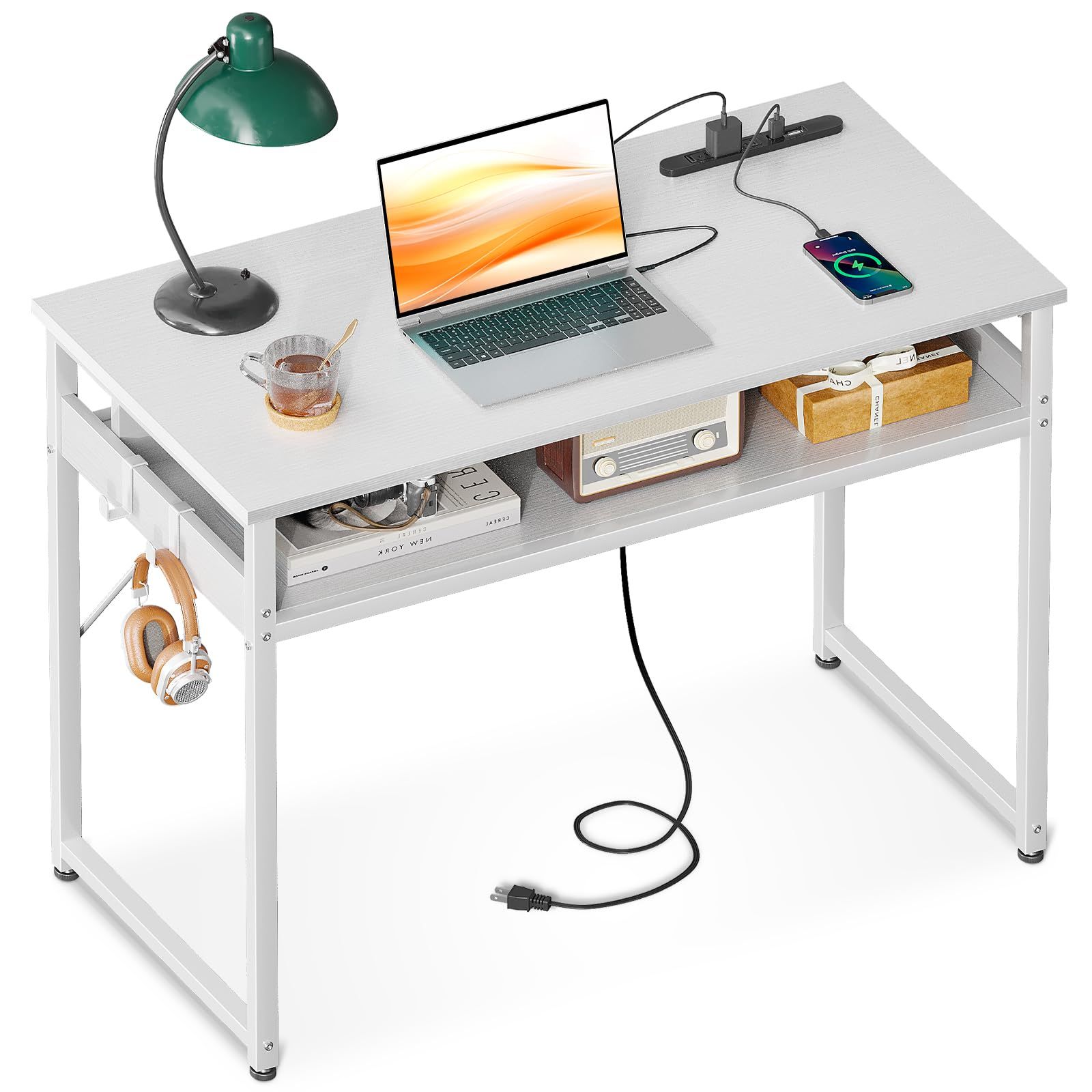 ODK 机 pcデスク パソコンデスク 幅80cm ゲーミングデスク 収納付き コンセント付き 勉強机 computer desk ?子 ワークデスク ??? フック2個付き コンパクト テレワーク用 省スペース 組立簡単 白いｍａ