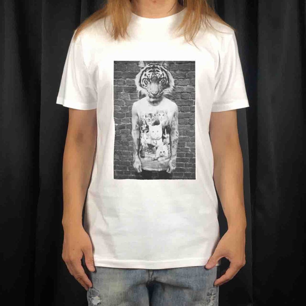 オリジナル Tシャツ タイガー マスク トラ人間 タトゥー かわいい猫 ネコ柄ノースリーブ Tシャツ S M L XL タイト ジャスト 大きい ビッグ オーバーサイズ メンズ レディース ユニセックス ピンククリーム