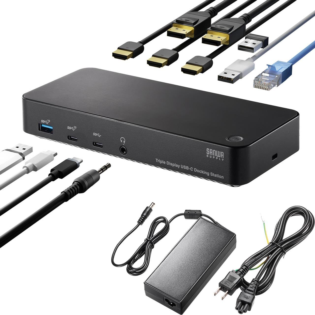 サンワダイレクト Type-C ドッキングステーション 3画面出力 4K HDMI PD 100W LAN イヤホンジャック DP 専用ACアダプタ付き Win/mac対応 10-in-1 400-VGA023