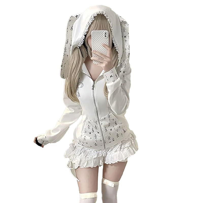 【新品】 [Jundakara] 2点セット セットアップ コート ミニスカート ミニ丈 レディース レース レースアップ 兎耳形フード ティアード かわいい プリント ゆめかわ 地雷系 量産系 漫画風 ガーリー系 ファッション おしゃれ お宅 学生 服 白