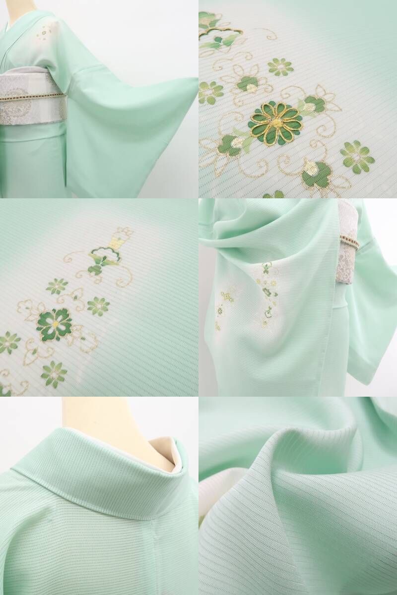 ❁tomihisa❁新品 絽 金駒刺繍 お仕立て上がり品 夏着物 正絹”青竹色に