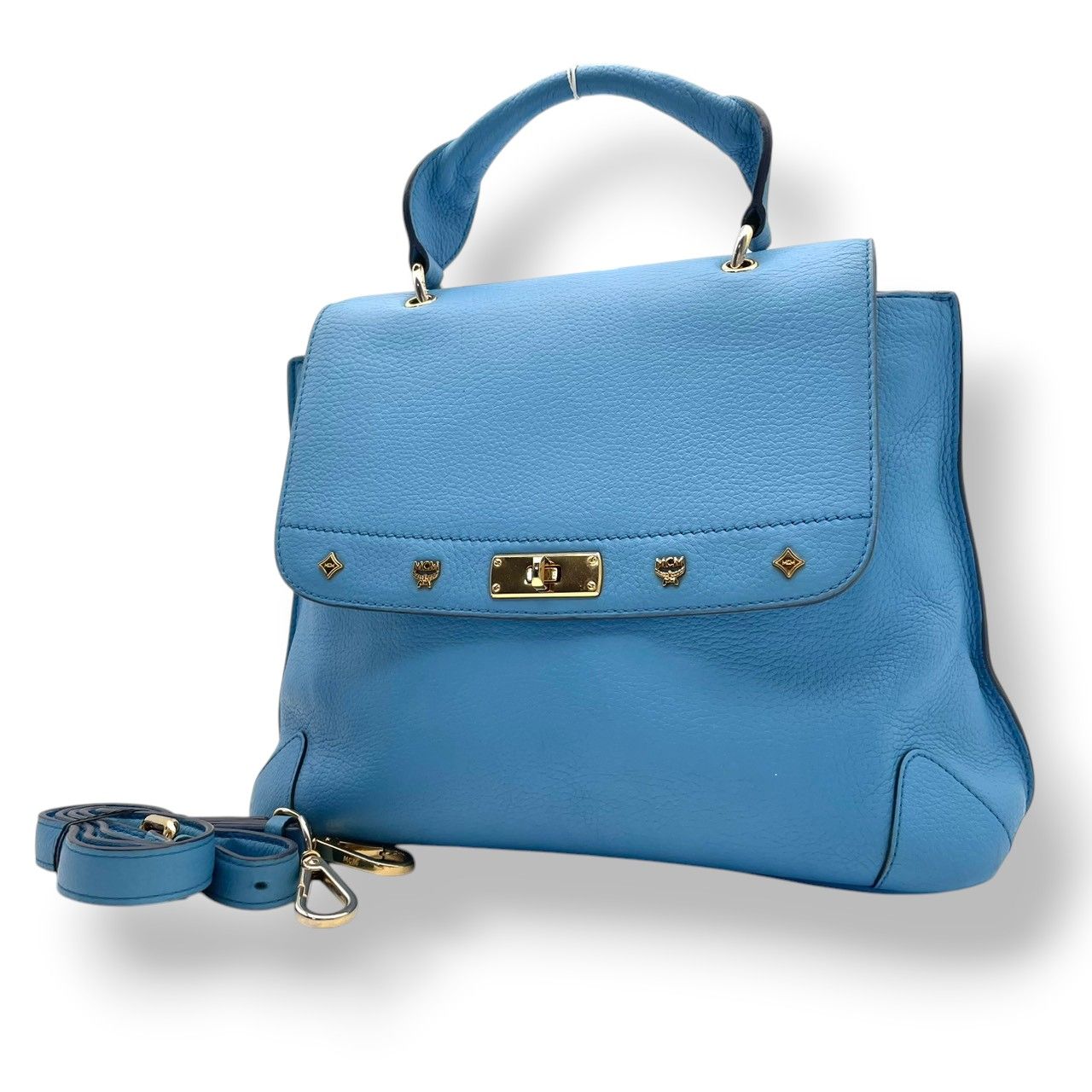 【美品】エムシーエム MCM 2way ハンドバッグ ショルダーバッグ 斜め掛け可 レザー 本革 水色 ライトブルー シルバー金具 ロゴプレート ヴィンテージ ビンテージ クラシック エレガント 上品 鞄 レディース お出かけ 通勤 通学 大容量 S68