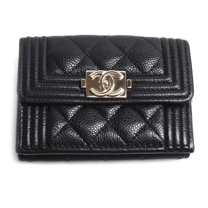 CHANEL シャネル ボーイシャネル マトラッセ 三つ折り財布 ブラック A84432 レディース 中古