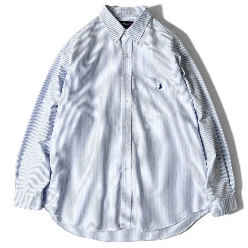 BIG SHIRT 90s RALPH LAUREN ストライプ 長袖 コットン オックスフォード ボタンダウン シャツ XL / 90年代 POLO ポロ ラルフローレン 白 青