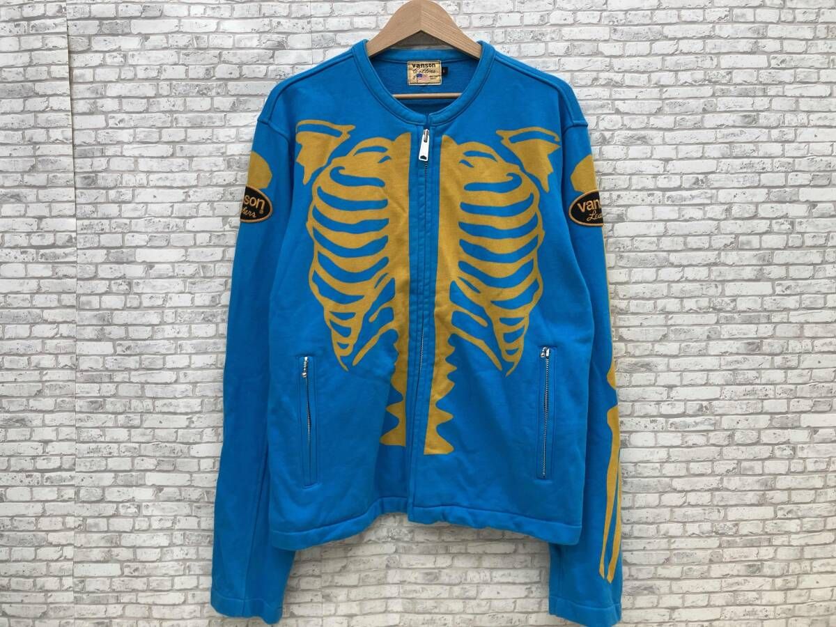 VANSON バンソン vanson Cottons スウェットライダース ジャケット サイズL ブルー系 骨プリント