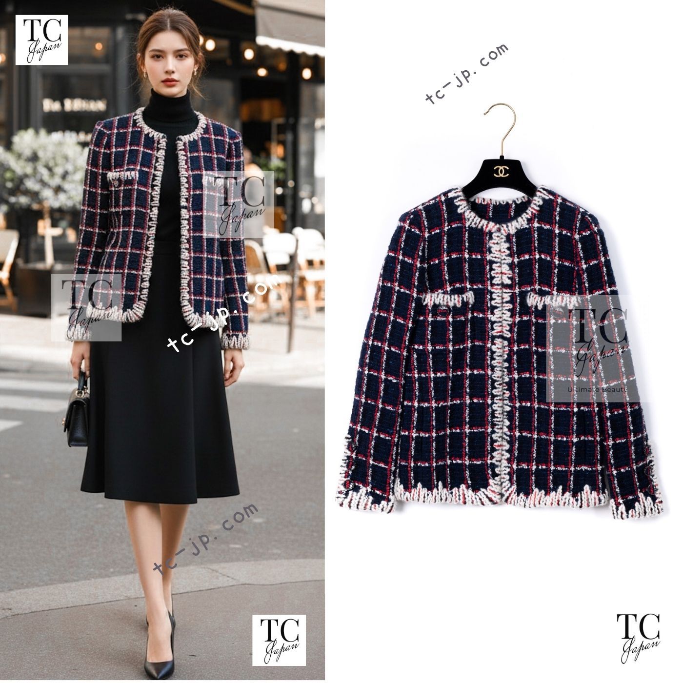 シャネル ジャケット CHANEL ネイビー レッド アイボリー ノーカラー ウール ツイード カール・ラガーフェルド 90万 貴重 超美品 34 36