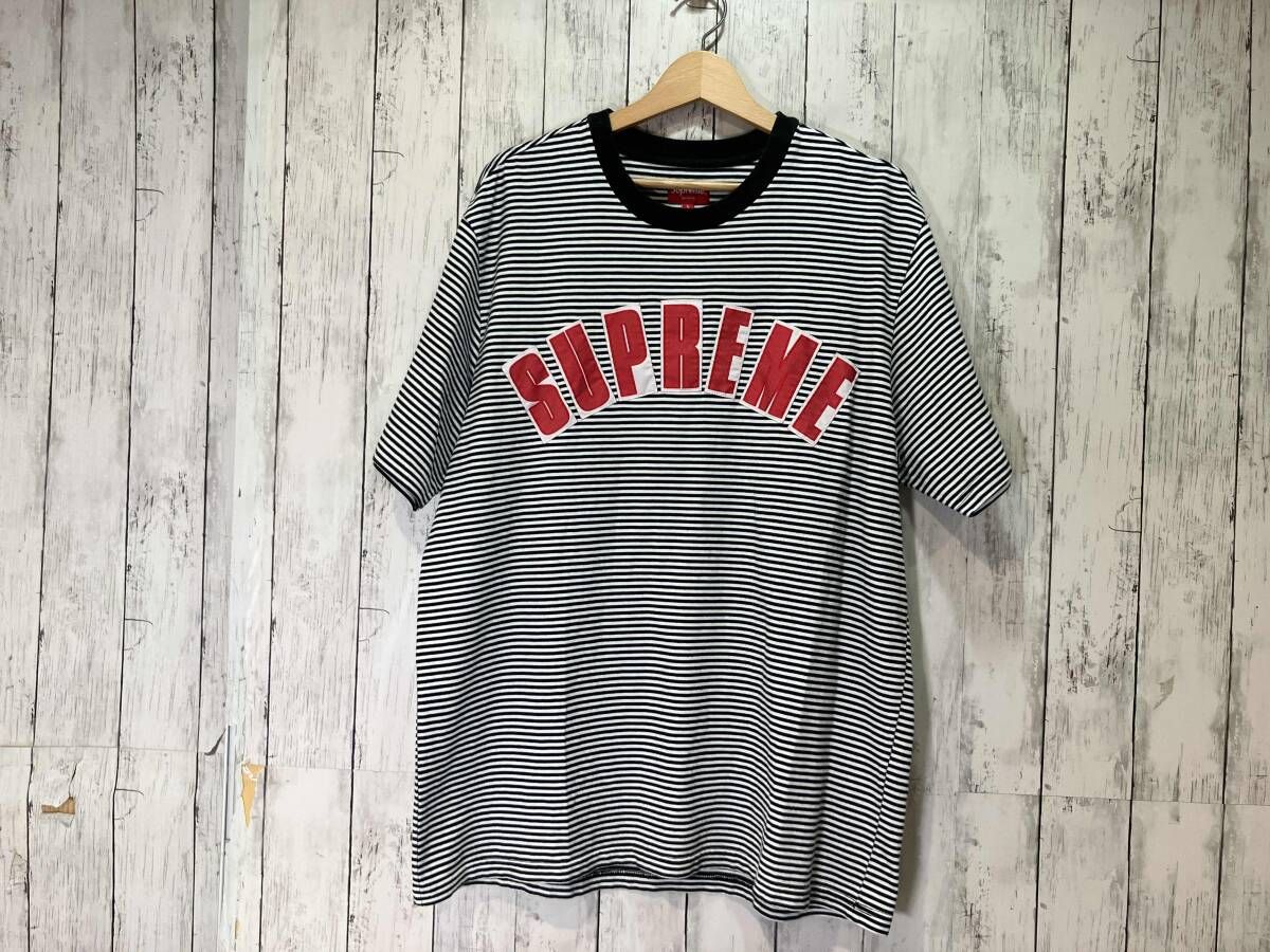 Supreme 半袖Tシャツ アーチロゴ アップリケ ボーダーTシャツ ホワイトxブラック L 8,193円