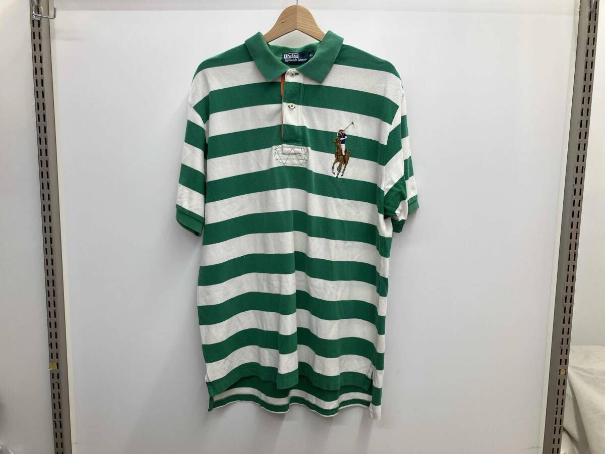 POLO RALPH Lauren ポロラルフローレン 半袖ポロシャツ 90s ビックポニー ボーダー サイズXL グリーン×ホワイト 春 夏