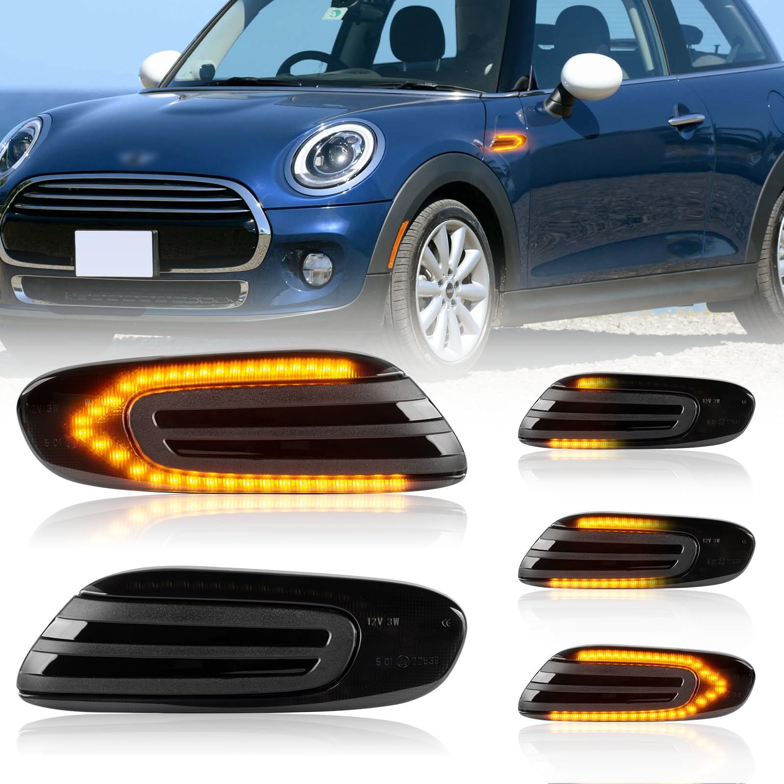 POPMOTORZ F55 F56 F57 LED サイドマーカー ウインカー ミニ用クラブマン ハードトップ ハッチバック ファイバーLED 流れて光る シーケンシャル ミニクーパーフロントサイドマーカー スモークレンズ