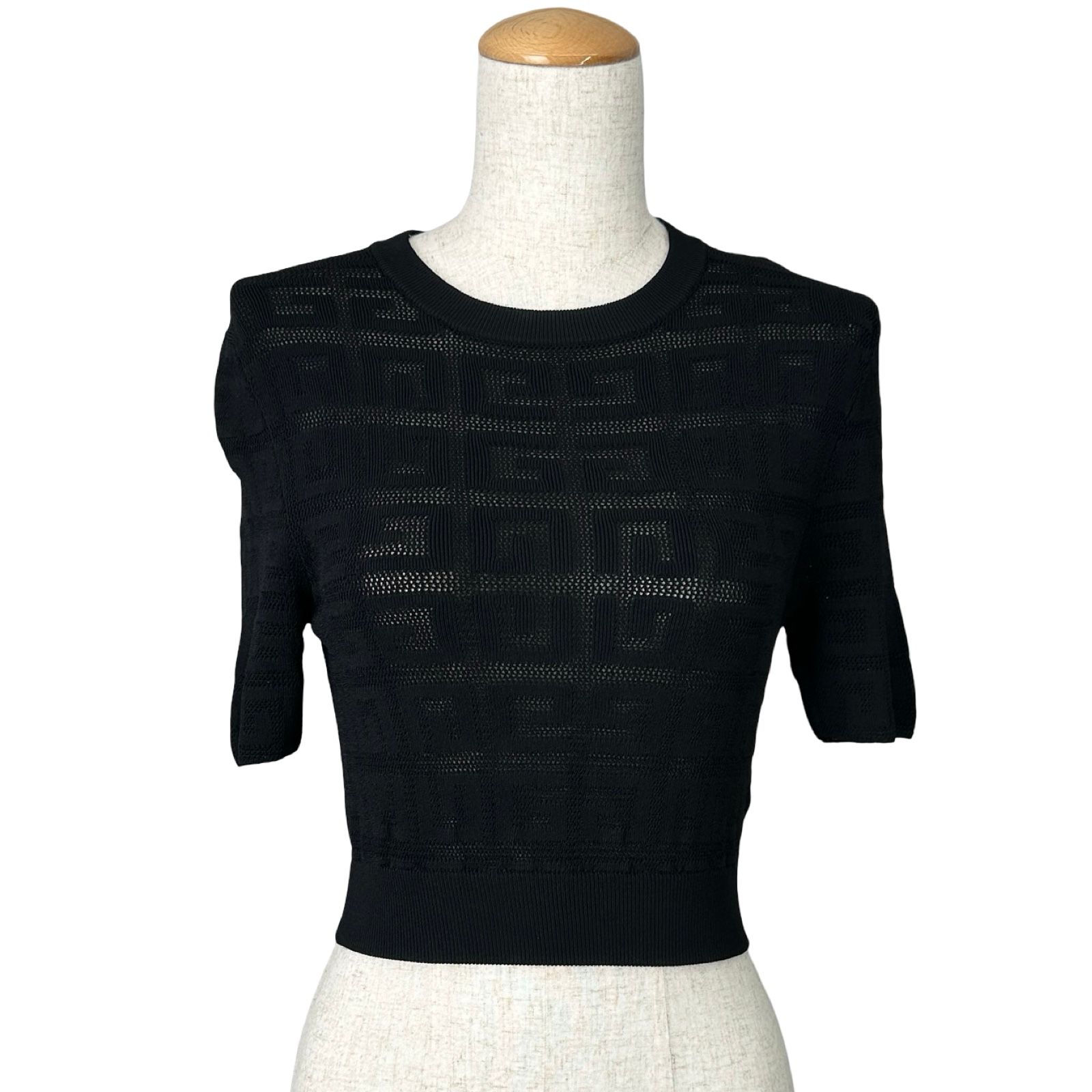 ジバンシィ GIVENCHY ロゴジャガードクロップドニットトップス BW90LB4ZAQ ブラック レーヨン レディース 半袖シャツ