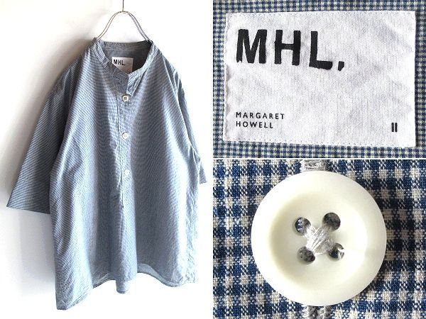MHL. マーガレットハウエル 2024SS TINY GINGHAM COTTON タイニー ギンガムチェック プルオーバー カラーレス シャツ 2 青 白