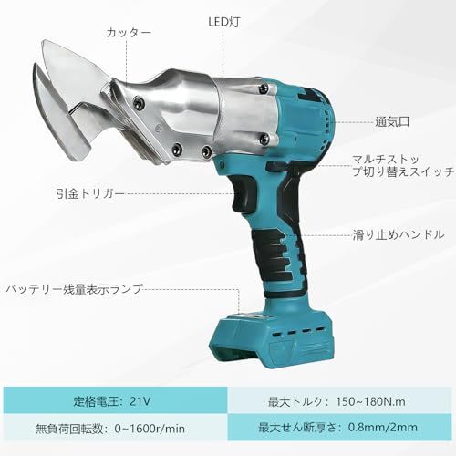 電動メタルカッター 充電式 マキタ18Vバッテリー対応 360度回転ヘッド【1600RPM 最大トルク180N.m】強力切断 高低速2段変速 電動ハサミ 板金ハサミ アルミばさみ 充電式挟み アイアンカッター 多材質対応 鉄板/ステンレス/ア 24874543