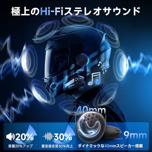 バイク用インカム Moman(モーマン) H2S ワイヤレス5.3+5.1 ヘルメット用インカム 最大1000m通信距離 2人同時通話 HIFI 40mmスピーカー 3重ノイズキャンセリング(CVC/DSP/ENC) 自動音量調整 音楽共有 6e33433e