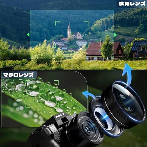 NBD 8K 6400万画素 デジタルカメラ【Wi-Fiとアプリ制御】16倍ズーム 一眼レフカメラ 180°フリップスクリーン | オートフォーカス?手ぶれ補正 |マクロ+広角レンズ＆ウェブカメラ機能 | 64GB TFカード＆2個のバッテリ c119c501