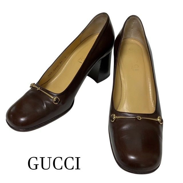 グッチ　GUCCI　 ホースビット レザーパンプス チャンキーヒール ダークブラウン 36