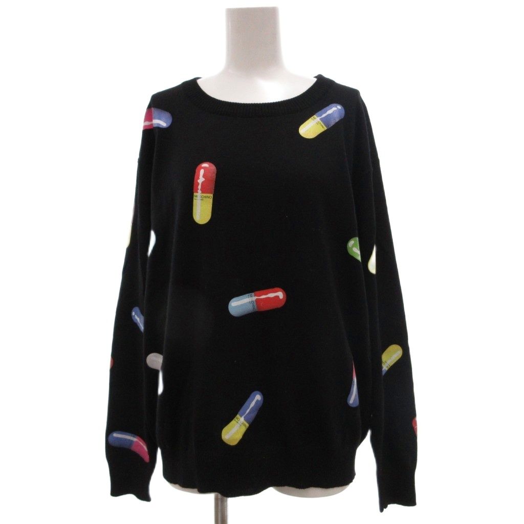 モスキーノ MOSCHINO ニット セーター S クルーネック カプセルモチーフ プリント イタリア製 黒 ブラック /KB ■GY62