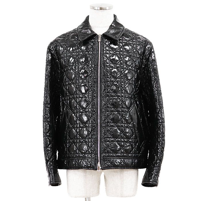 【極美品】Dior ディオール ジャケット カナージュ パデッド サイズ 48 メンズ CD ロゴ ボタン ダイヤキルティング ジップアップ ラムスキン レザー アウター ガーメント付属 シャイニーブラック 黒 イタリア製