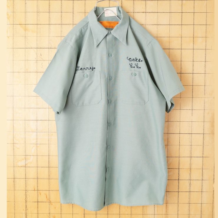 70s 80s USA製 RED KAP チェーンステッチ ワークシャツ ライトグリーン メンズM 半袖 アメリカ古着　031926ss40