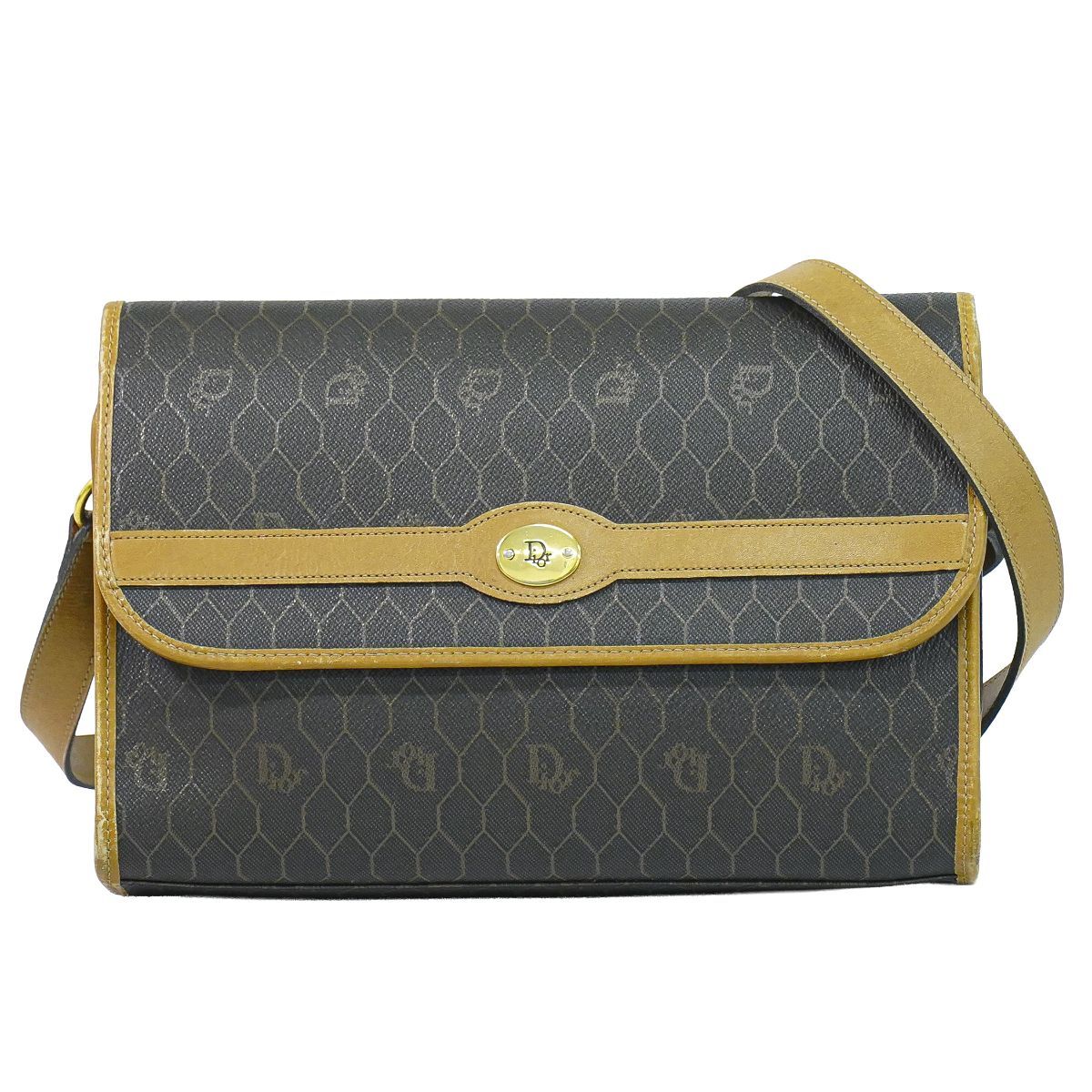 本物 クリスチャン ディオール Christian Dior ハニカム柄 ショルダーバッグ ポシェット PVC ブラック ブラウン バッグ 中古・