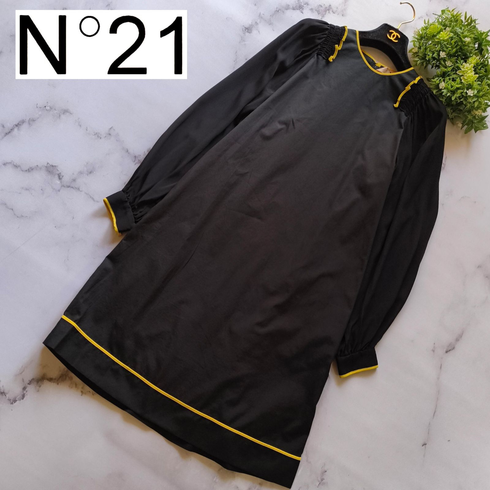 19SS N゜21 異素材フレアワンピース バイカラー ブラック 長袖 38